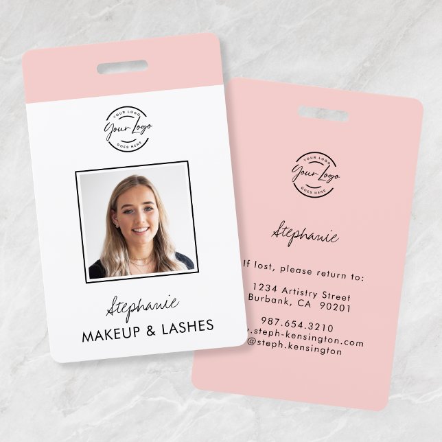 Blush Pink Script Logo Photo Makeup Employee ID Badge (Creator Uploaded)