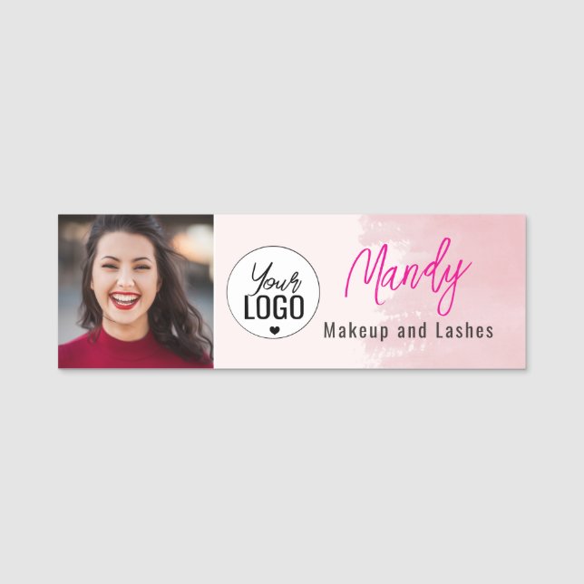 Blush Pink Script Logo Photo Makeup Name Tag (Front)