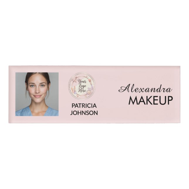 Blush Pink Script Logo Photo Makeup Name Tag (Front)