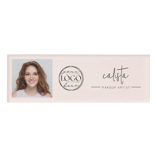 Blush Pink Script Logo Photo Makeup Name Tag (Front)
