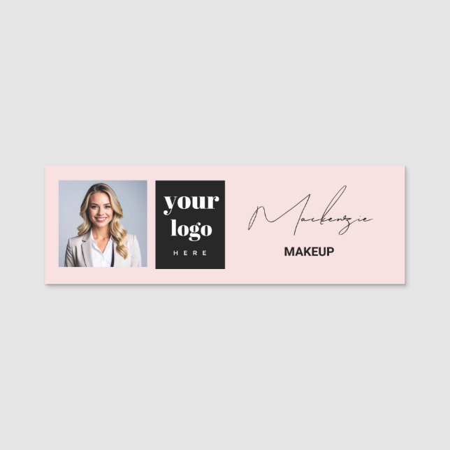 Blush Pink Script Logo Photo Makeup  Name Tag (Front)