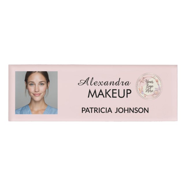 Blush Pink Script Logo Photo Makeup Name Tag (Front)