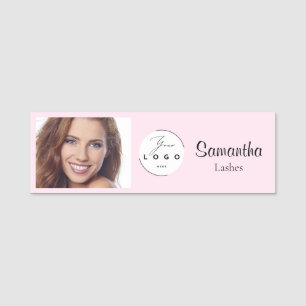 Blush Pink Script Logo Photo Makeup Name Tag