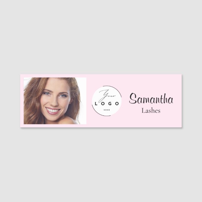 Blush Pink Script Logo Photo Makeup Name Tag (Front)