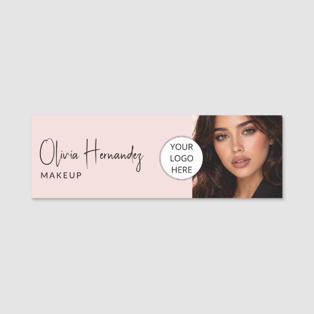 Blush Pink Script Logo Photo Makeup  Name Tag (Front)