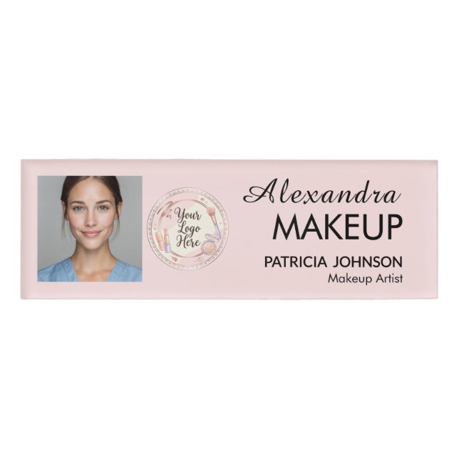Blush Pink Script Logo Photo Makeup Name Tag (Front)