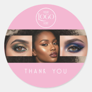 Blush Pink Script Logo Photo Makeup Thank You Classic Round Sticker