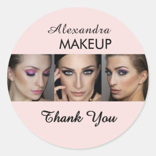Blush Pink Script Logo Photo Makeup Thank You Classic Round Sticker