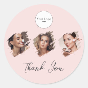 Blush Pink Script Logo Photo Makeup Thank You Classic Round Sticker