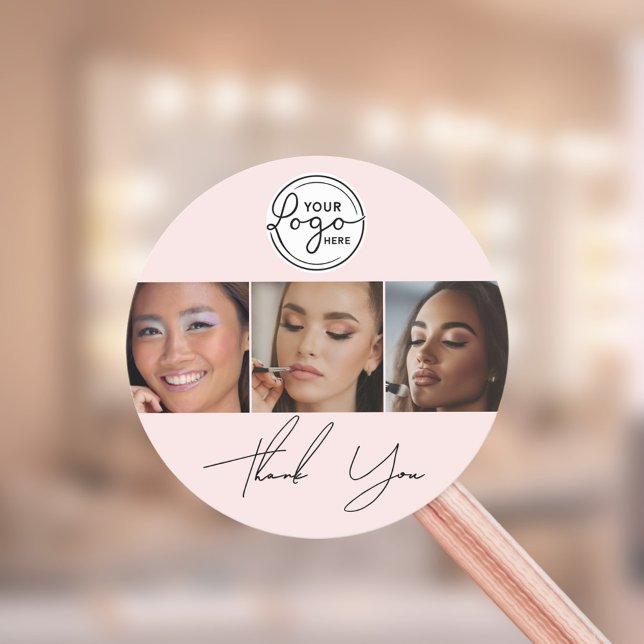 Blush Pink Script Logo Photo Makeup Thank You  Classic Round Sticker (Creator Uploaded)
