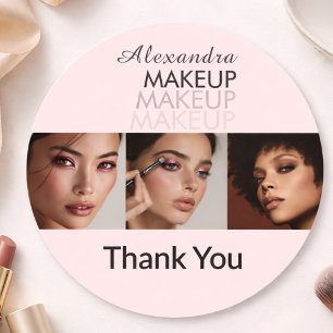 Blush Pink Script Logo Photo Makeup Thank You Classic Round Sticker