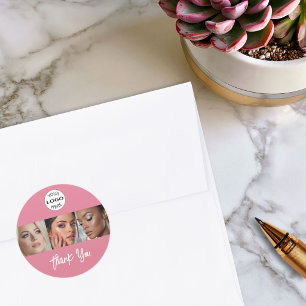 Blush Pink Script Logo Photo Makeup Thank You Classic Round Sticker