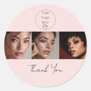 Blush Pink Script Logo Photo Makeup Thank You Classic Round Sticker