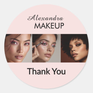 Blush Pink Script Logo Photo Makeup Thank You Classic Round Sticker