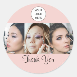 Blush Pink Script Logo Photo Makeup Thank You Classic Round Sticker