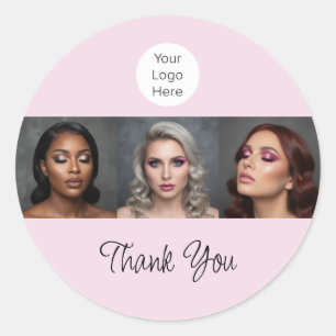 Blush Pink Script Logo Photo Makeup Thank You Classic Round Sticker