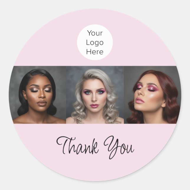 Blush Pink Script Logo Photo Makeup Thank You Classic Round Sticker (Front)