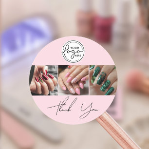 Blush Pink Script Logo Photo Nail Salon Thank You  Classic Round Sticker