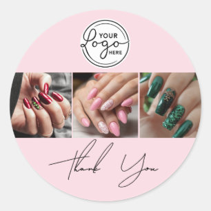 Blush Pink Script Logo Photo Nail Salon Thank You  Classic Round Sticker