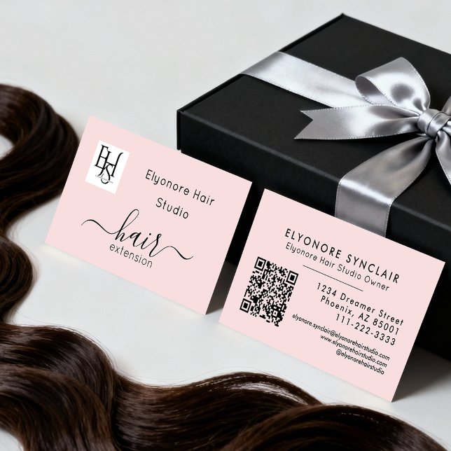 Blush Pink Script Logo QR Code Hair Extension Business Card (Creator Uploaded)