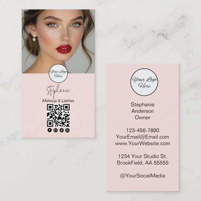 Blush Pink Script Logo QR Code Photo Business Card (Front/Back)