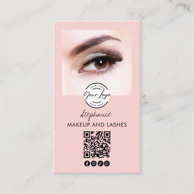 Blush Pink Script Logo QR Code Photo Lashes Studio Business Card (Front)