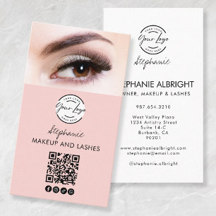 Blush Pink Script Logo QR Code Photo Lashes Studio Business Card