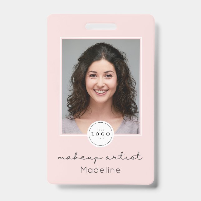Blush Pink Script Logo QR Code Photo Makeup Badge (Front)