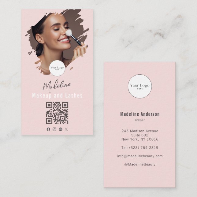 Blush Pink Script Logo QR Code Photo Makeup Business Card (Front/Back)