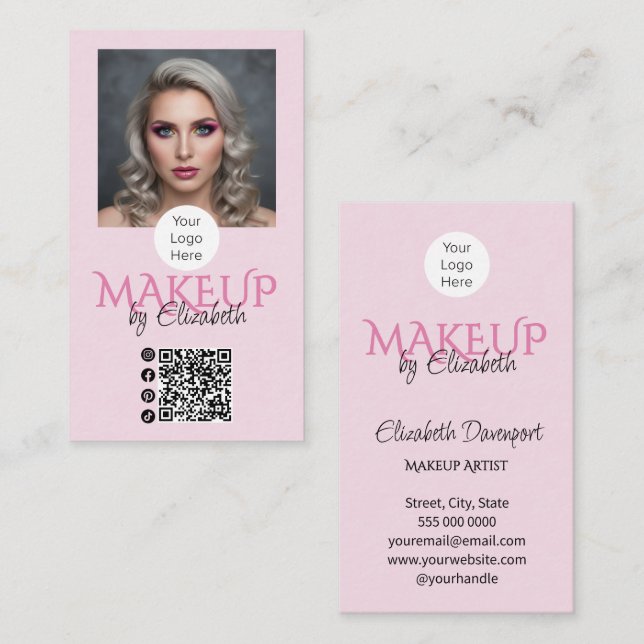 Blush Pink Script Logo QR Code Photo Makeup Business Card (Front/Back)
