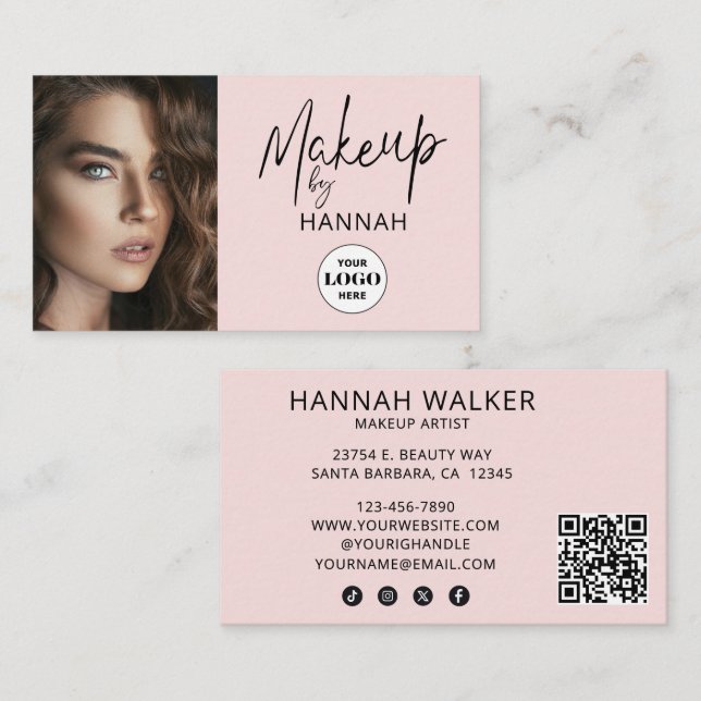 Blush Pink Script Logo QR Code Photo Makeup Business Card (Front/Back)