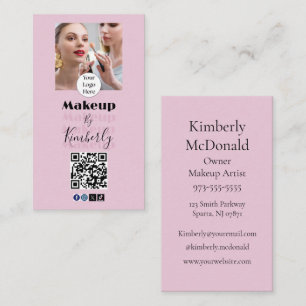 Blush Pink Script Logo QR Code Photo Makeup Business Card