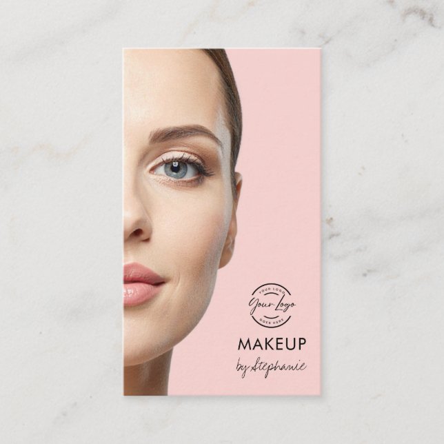Blush Pink Script Logo QR Code Photo Makeup Business Card (Front)
