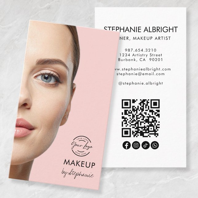 Blush Pink Script Logo QR Code Photo Makeup Business Card (Creator Uploaded)