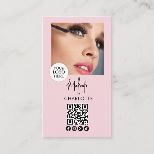 Blush Pink Script Logo QR Code Photo Makeup Business Card (Front)