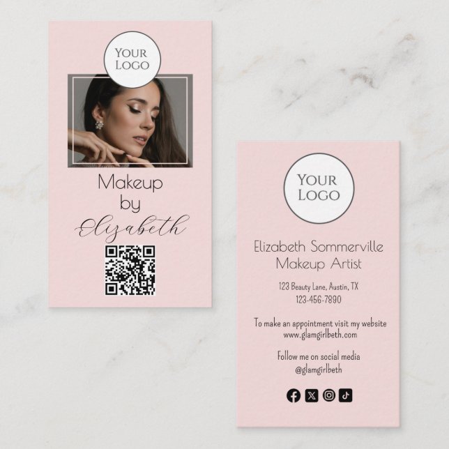 Blush Pink Script Logo QR Code Photo Makeup Business Card (Front/Back)