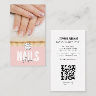 Blush Pink Script Logo QR Code Photo Nail Artist Business Card