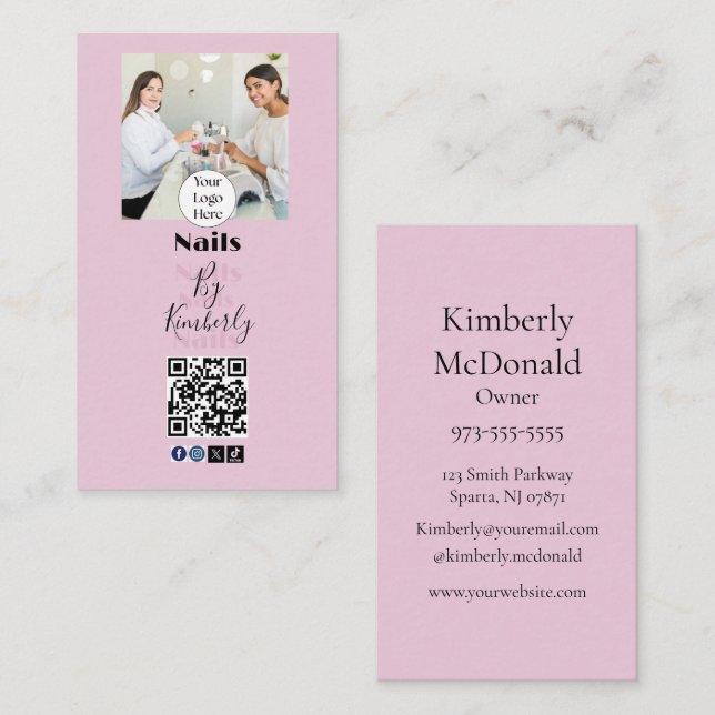 Blush Pink Script Logo QR Code Photo Nail Salon Business Card (Front/Back)