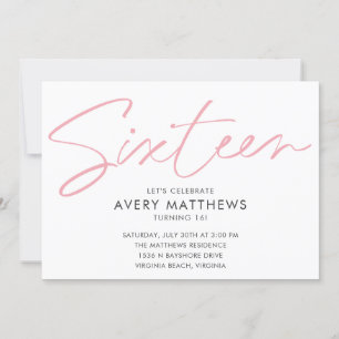 Blush Pink Script Modern Sweet 16 Birthday Party Invitation