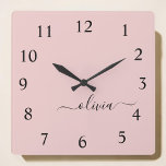 Blush Pink Script Monogram Girly Name Square Wall Clock<br><div class="desc">Blush Pink and Black Script Monogram Name Clock. This makes the perfect sweet 16 birthday,  wedding,  bridal shower,  anniversary,  baby shower or bachelorette party gift for someone that loves glam luxury and chic styles.</div>