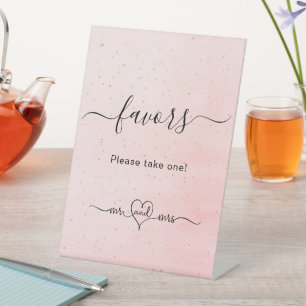 Blush pink script mr mrs wedding favours pedestal sign
