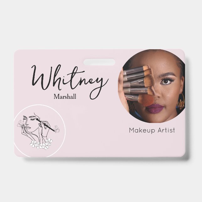 Blush Pink Script Photo Logo Makeup Artist Name  Badge (Front)