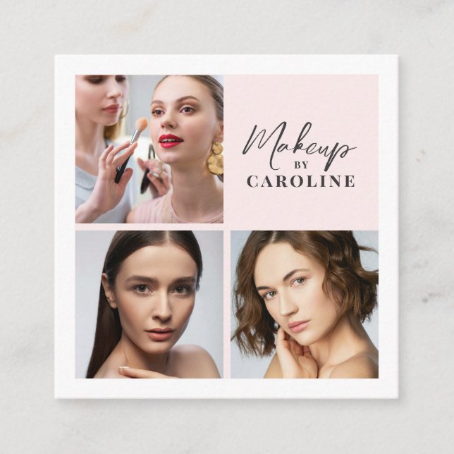 Blush Pink Script Photo Makeup Square Business Card (Front)