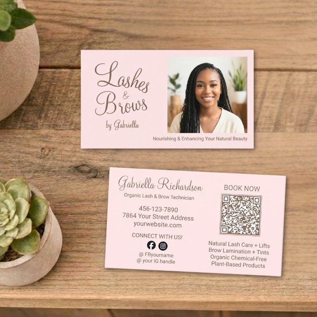Blush Pink Script Photo QR Code Lashes and Brows Business Card (Creator Uploaded)