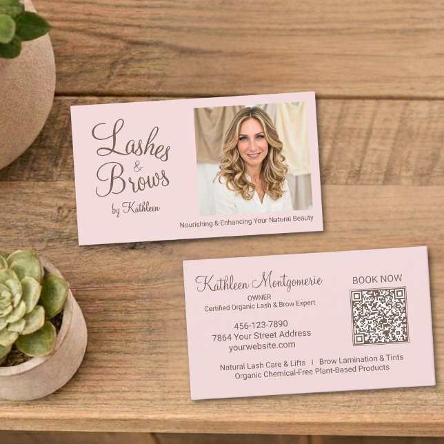 Blush Pink Script Photo QR Code Lashes and Brows Business Card (Creator Uploaded)