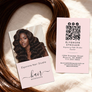 Blush Pink Script Photo QR Social Hair Extension Business Card