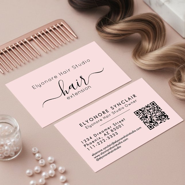 Blush Pink Script QR Code Hair Extension Business Card (Creator Uploaded)