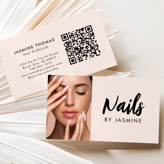 Blush Pink Script QR Code Photo Nail Salon Business Card (Creator Uploaded)
