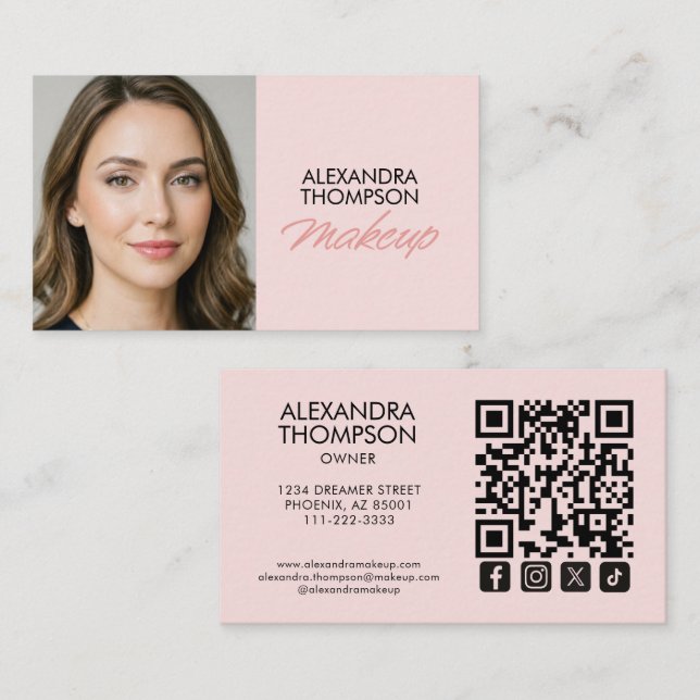 Blush Pink Script Qr Code Social Icon Makeup Business Card (Front/Back)
