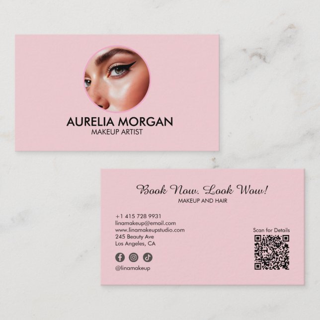 Blush Pink Script Social Icon QR Code Photo  Business Card (Front/Back)